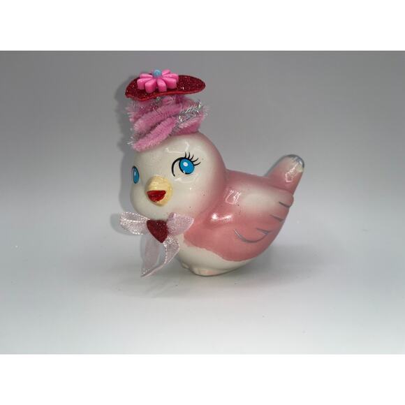 Vintage Pink Ceramic Bird Valentines Day Pink Flower Princess Heart Hat OMG OOAK - Picture 5 of 16